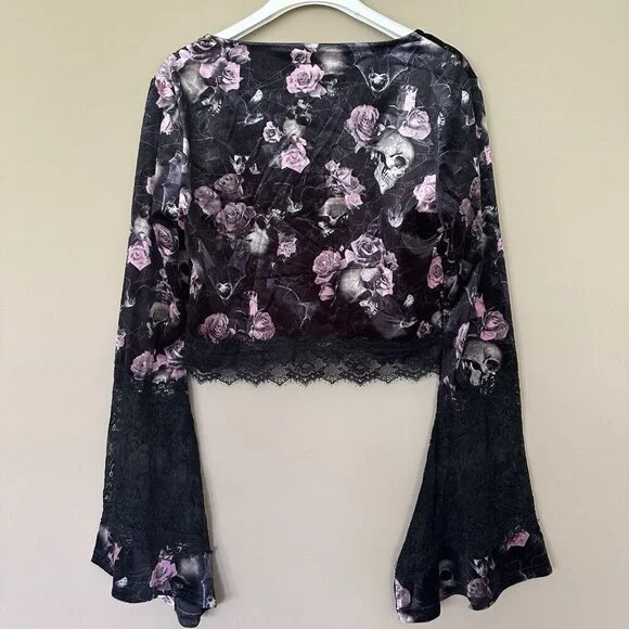 SOLD Killstar Witchy Women XL Velvet Top Bell Sleeve Black Skull Pink Rose Whims - Picture 6 of 11